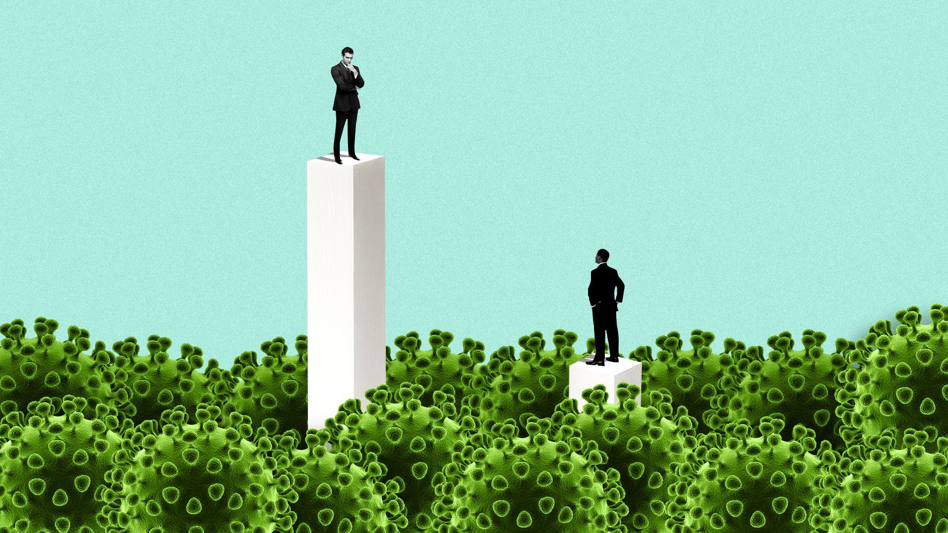 Illustration of two people on podiums of unequal height surrounded at the base by virus cells.