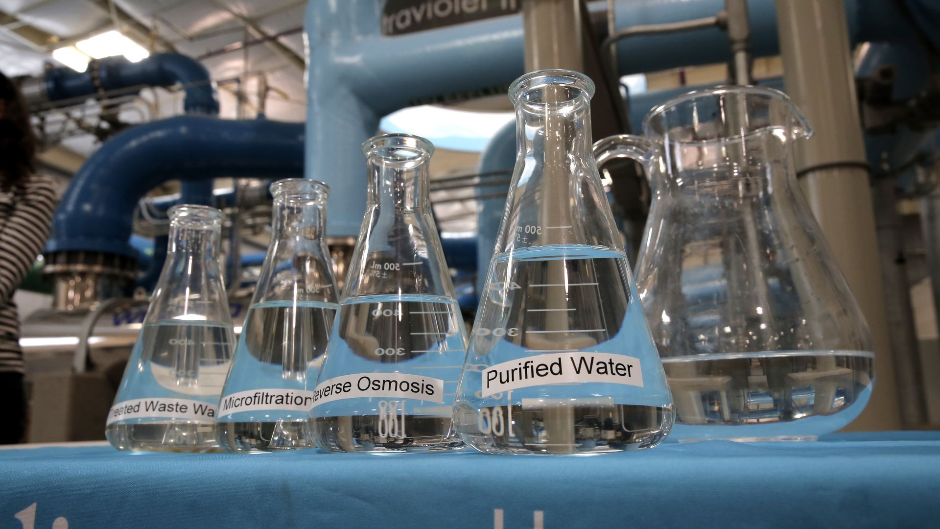 Photo of four vials of clear water, each labeled differently