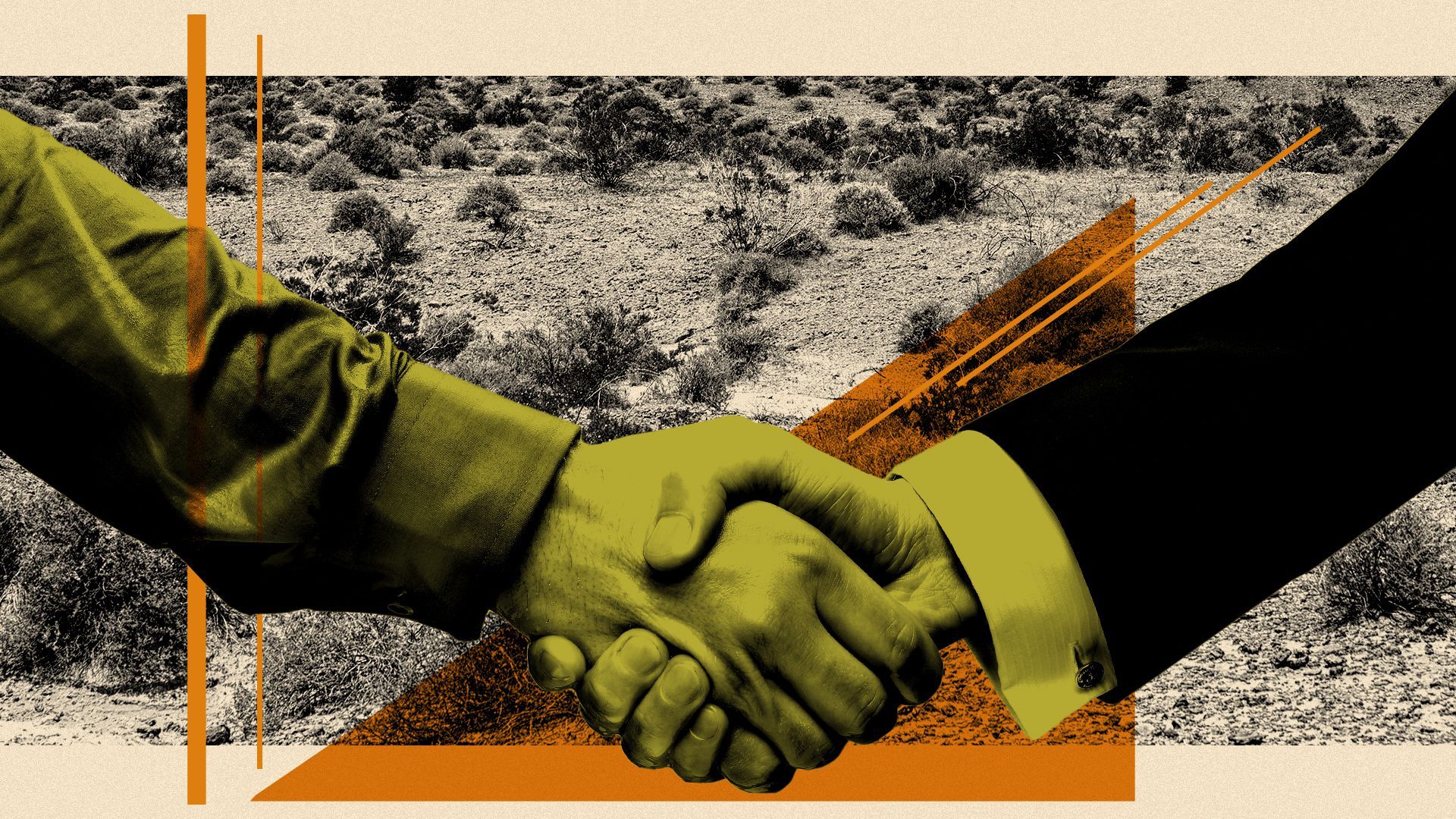 Illustration collage of a handshake over a dry desert landscape and geometric shape