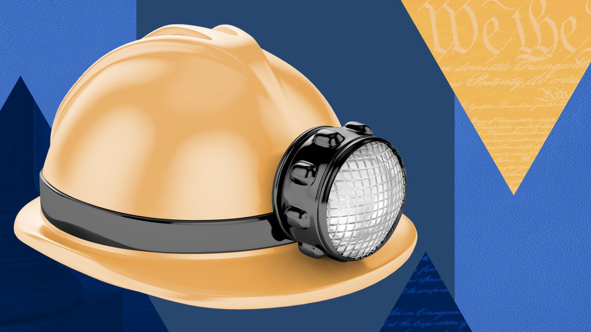 Illustration of a miner's helmet surrounded by abstract shapes and legal symbols.
