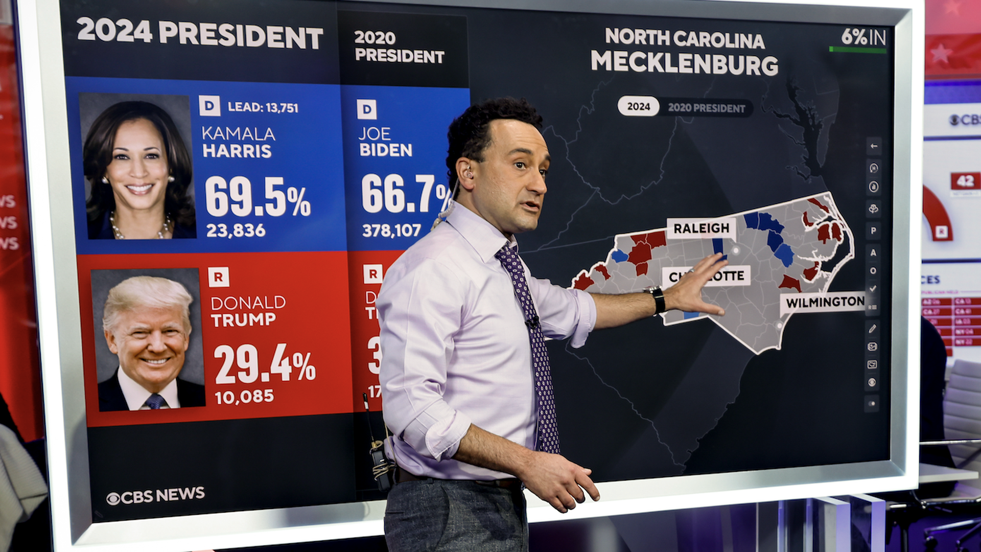 CBS News executive director of elections and surveys Anthony Salvanto stands in front of a screen analyzing 2024 election results in North Carolina.