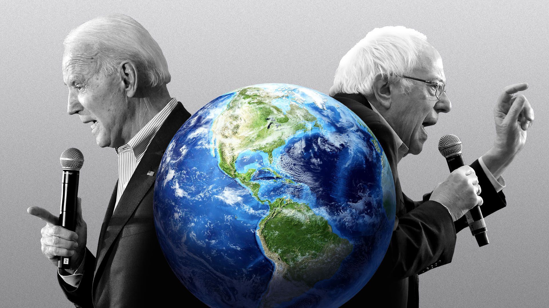 Photo illustration of Joseph Biden and Bernie Sanders in profile with the globe between them