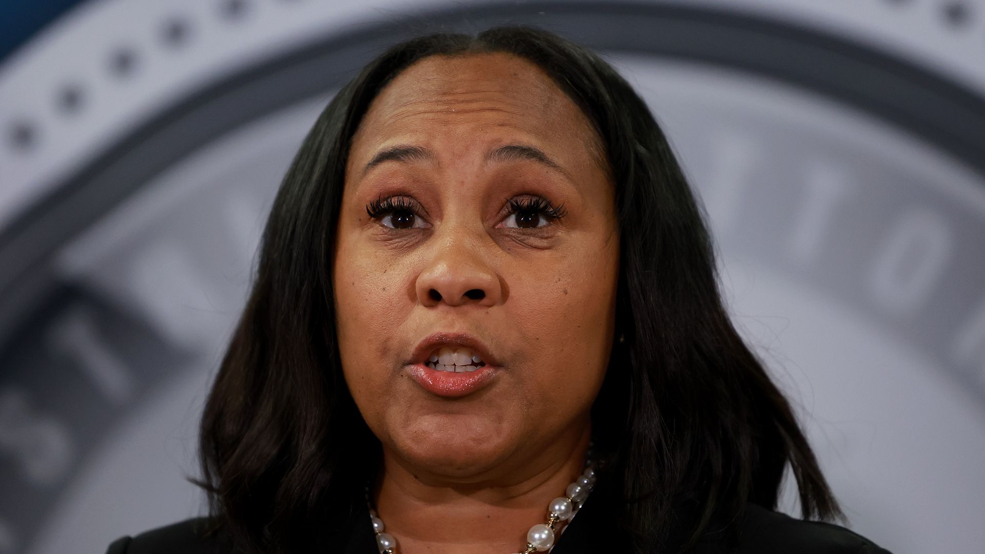 Fulton County District Attorney Fani Willis speaks during a news conference at the Fulton County Government building on August 14, 2023 in Atlanta, Georgia.