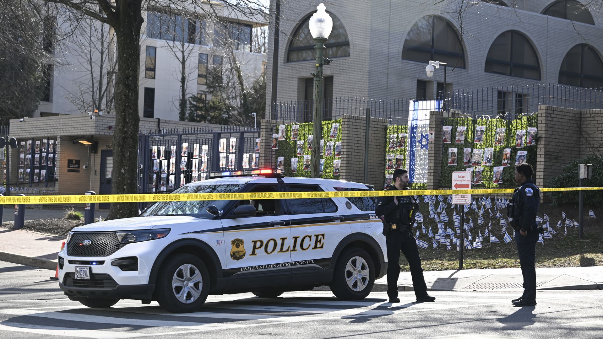 Police take security measures and investigate the crime scene after a man set himself alight in front of the Israeli Embassy in Washington, United States on February 25, 2024. The man was subsequently referred to a regional hospital in critical condition due to serious injuries. 