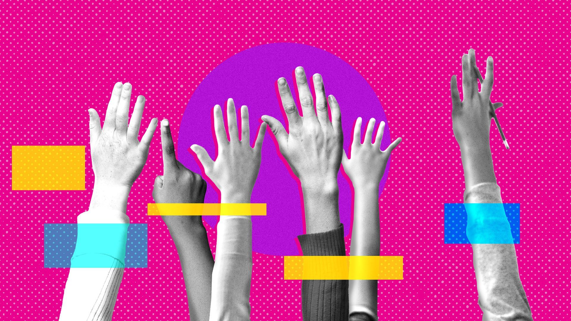 Illustration of children's hands raised against a background of colorful shapes