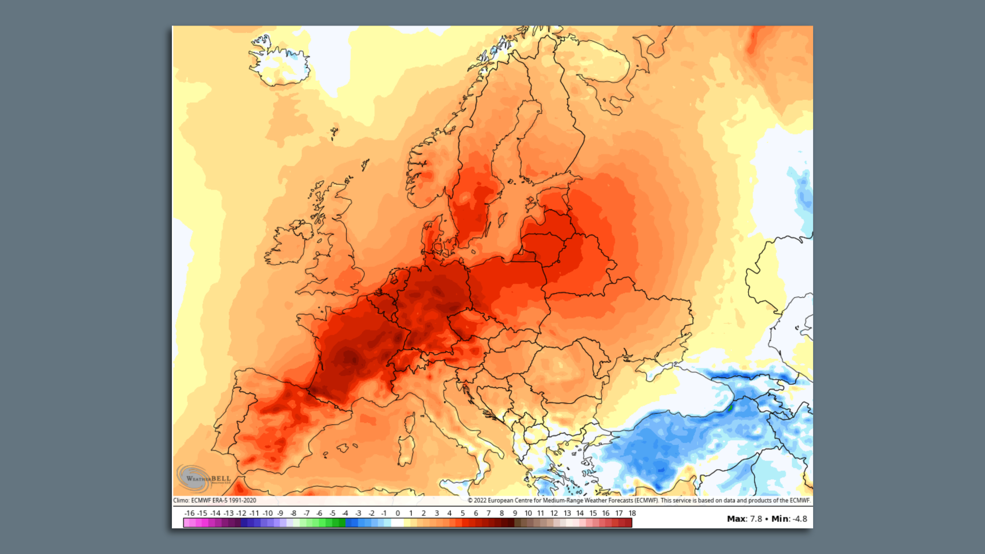 Temperature departures from average across Europe through Oct. 31.