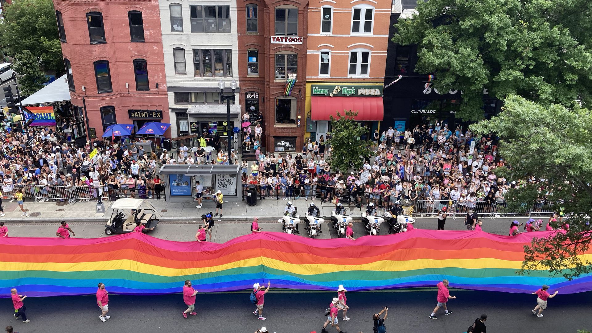 D.C. goes all out for Pride. Pictured: a huge flag unfurled for the 2025 parade. Photo: Astrid Riecken For The Washington Post via Getty Images