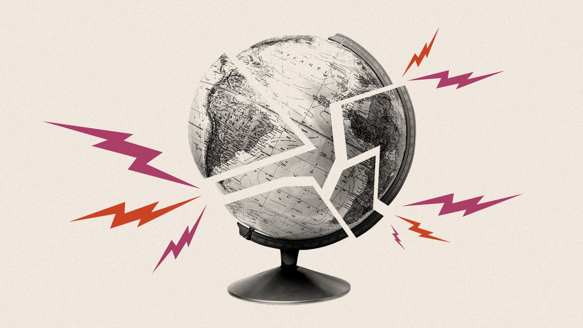 Illustrated collage of a globe in pieces with lightening bolts coming out of the edges. 