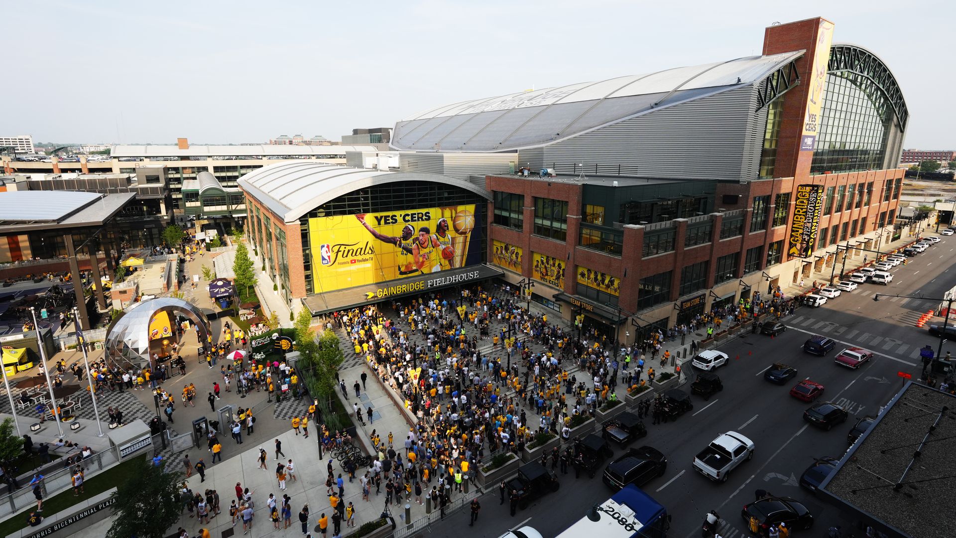 A plaza outside a basketball arena