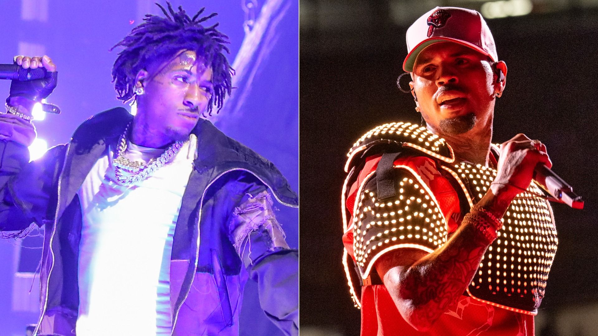 Image shows NBA YoungBoy and Chris Brown performing on stage.