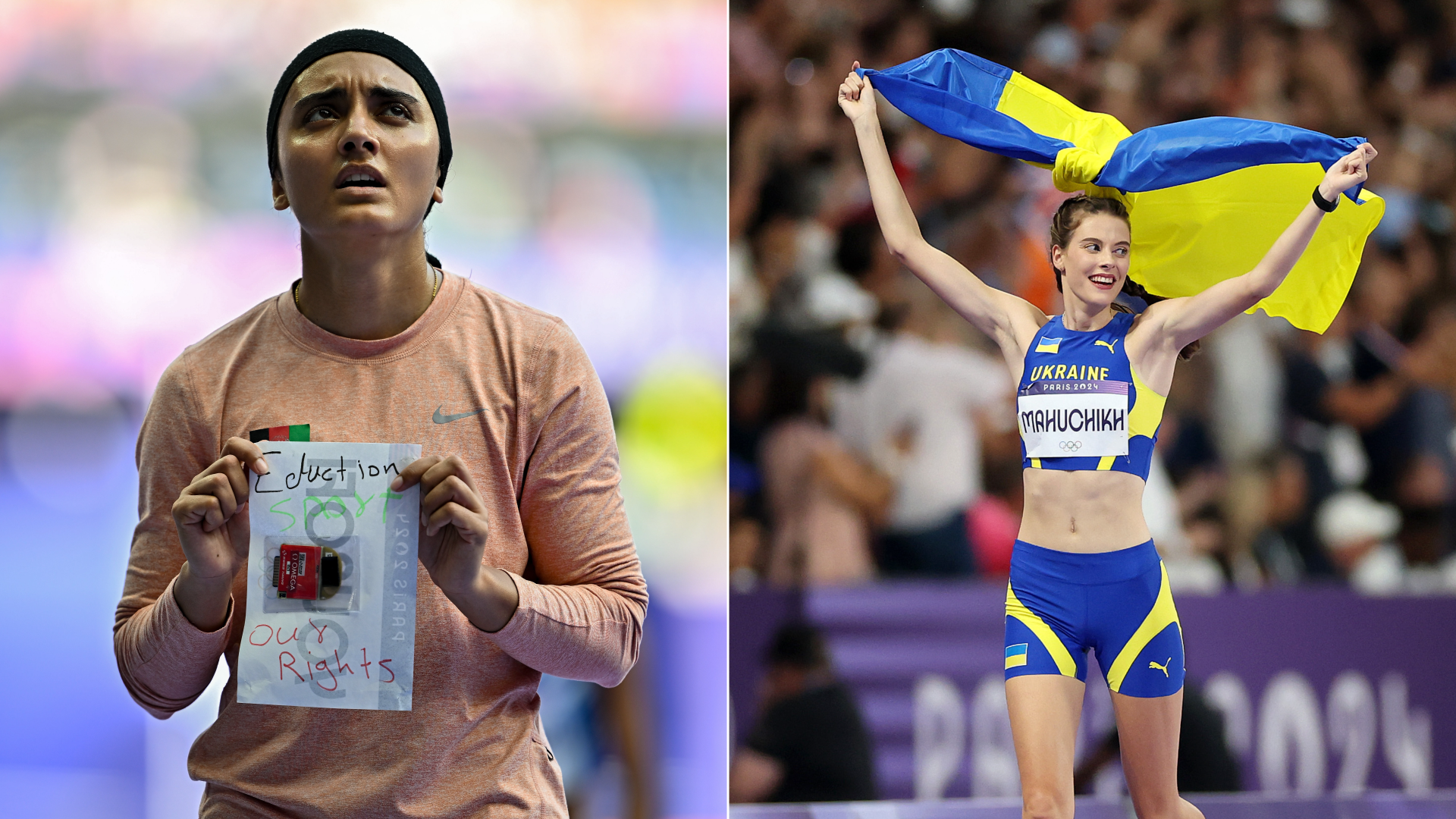 Kimia Yousofi (L) of Afghanistan holds a message after running in the women's 100m preliminary round on Aug. 2 at the 2024 Paris Summer Olympic Games and gold medalist Yaroslava Mahuchikh (R) of Ukraine celebrates during the women's high jump final on Aug. 4. Photo: Sam Barnes/Sportsfile via Getty I