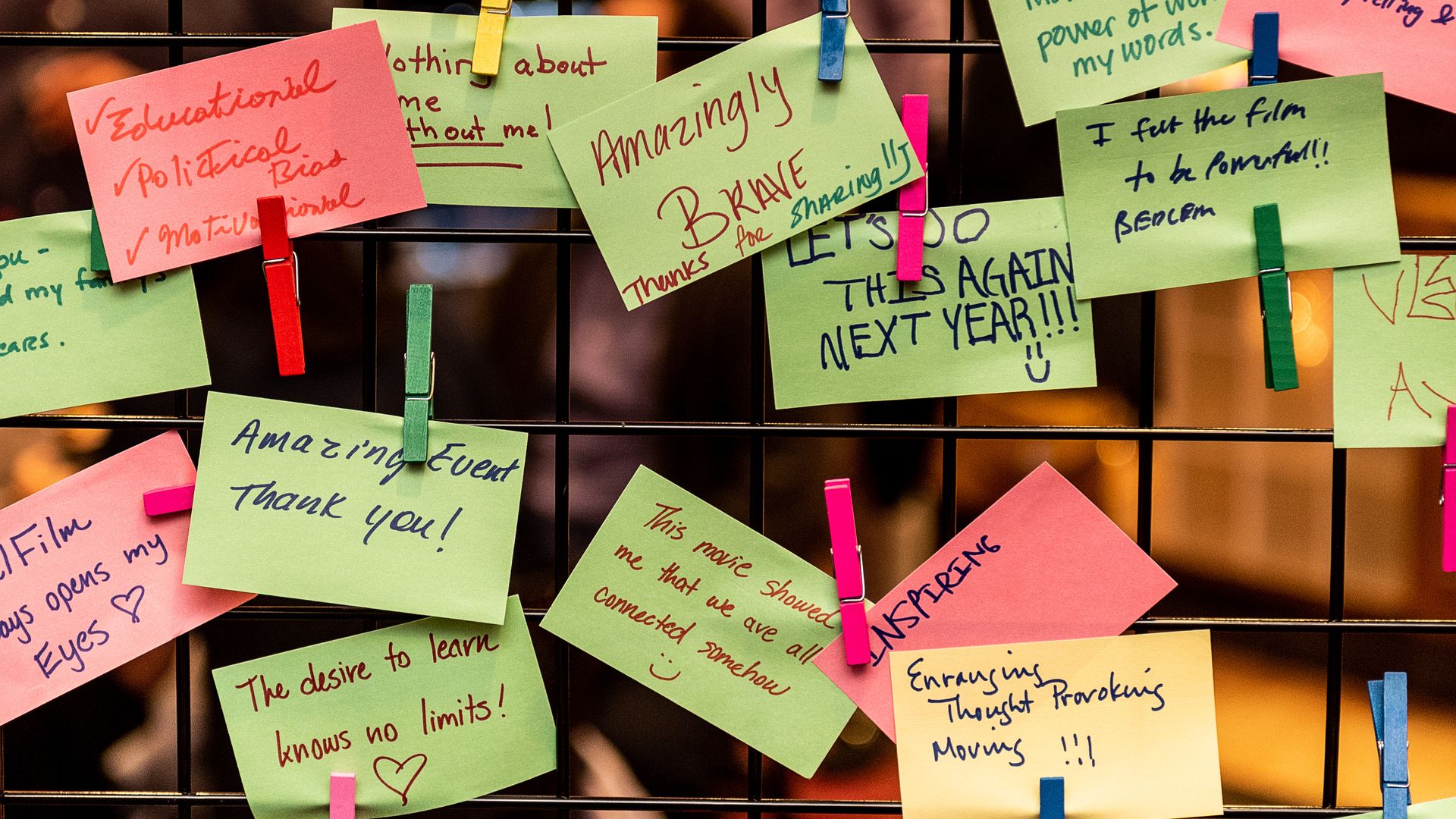 Photo of response cards complimenting a film.