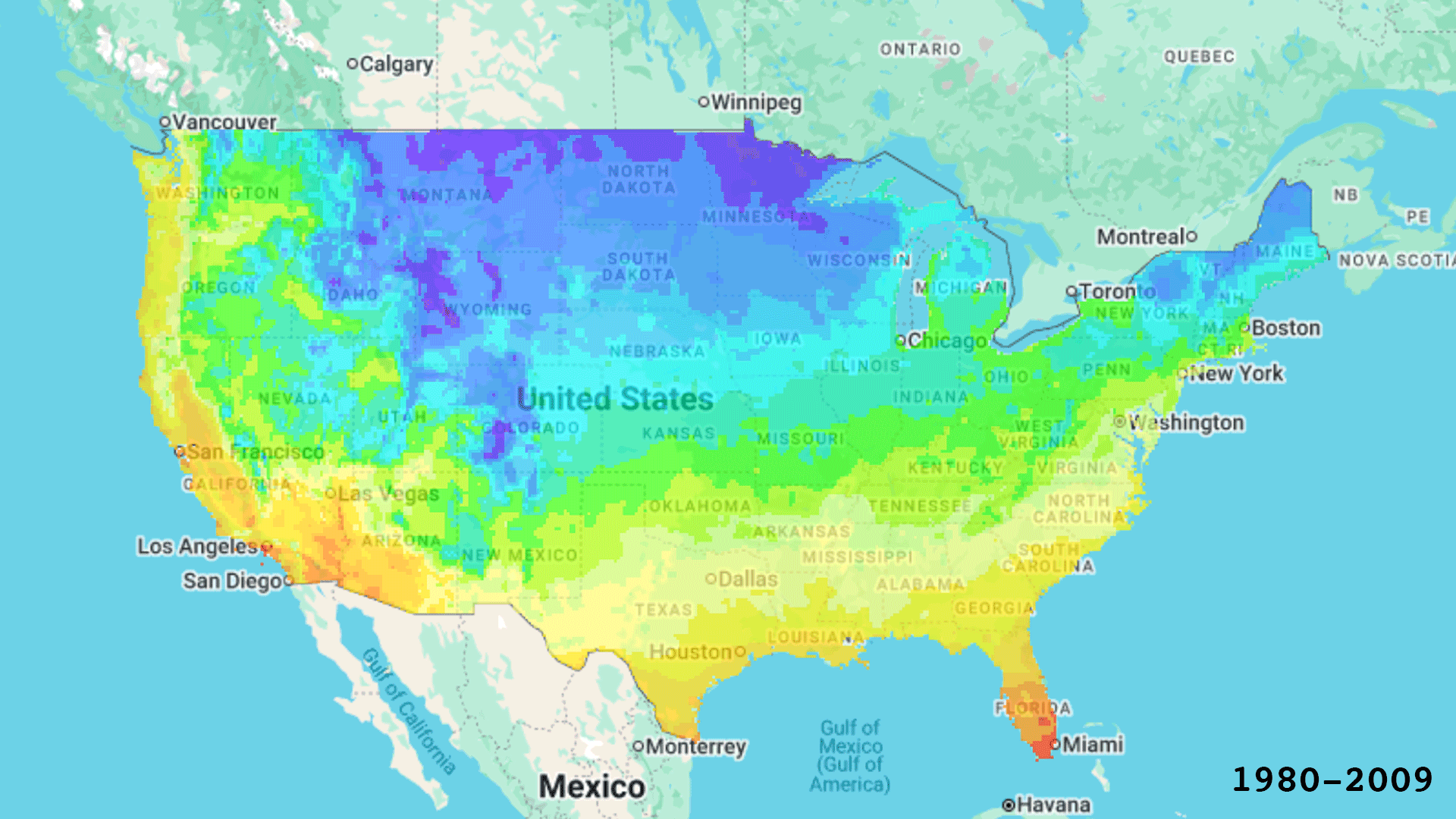 Color-coded map of the United States showing temperature zones from 1980-2009, with blue and purple in the north, green and yellow in the central areas, and orange to red in the south, especially Florida.