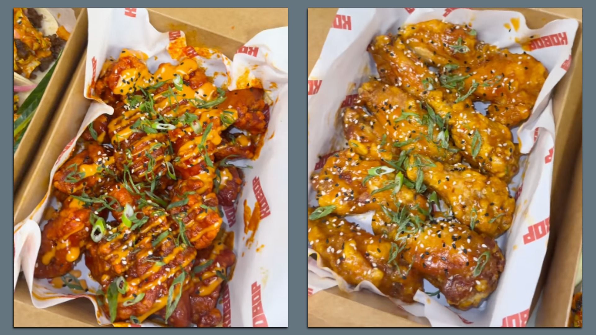 Two side-by-side boxes of glazed fried chicken wings in paper liners. Left shows wings with orange cheese sauce and greens; right shows sesame seeds on a glossy glaze.