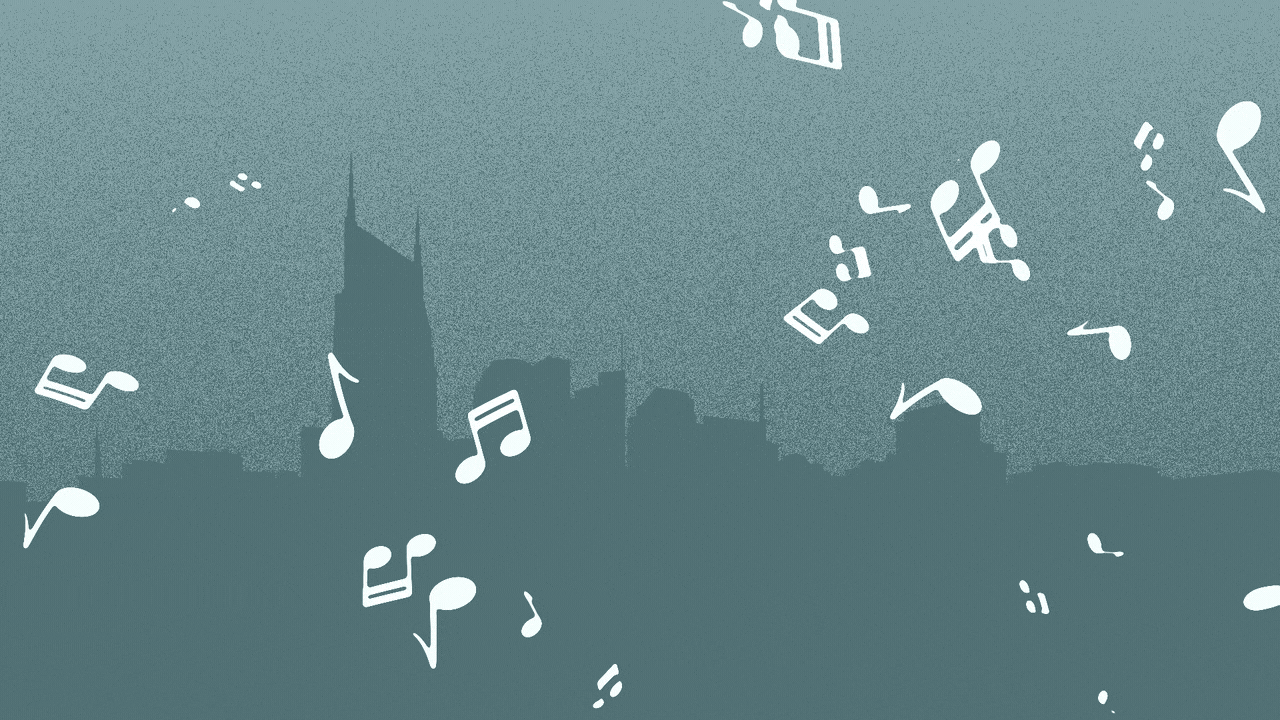 Animated illustration of the Nashville skyline with snowflakes in the shape of musical notes falling on it.