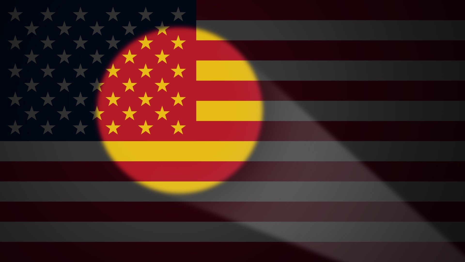 Illustration of an American flag in the dark with a spotlight revealing a section of the American flag made with Chinese flag colors.  