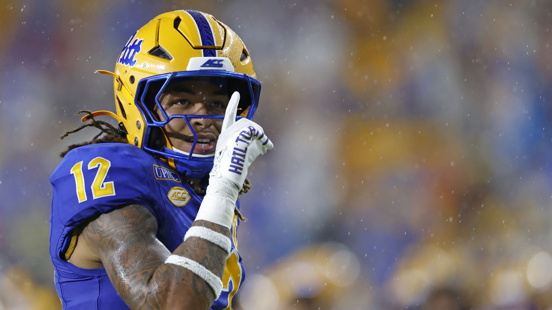 Cruce Brookins (12) of the Pittsburgh Panthers reacts after a defensive stop during the college football game against the Syracuse Orange on September 17, 2026 at Acrisure Stadium in Pittsburgh, Pennsylvania. (Photo by Joe Robbins/Icon Sportswire via Getty Images)
