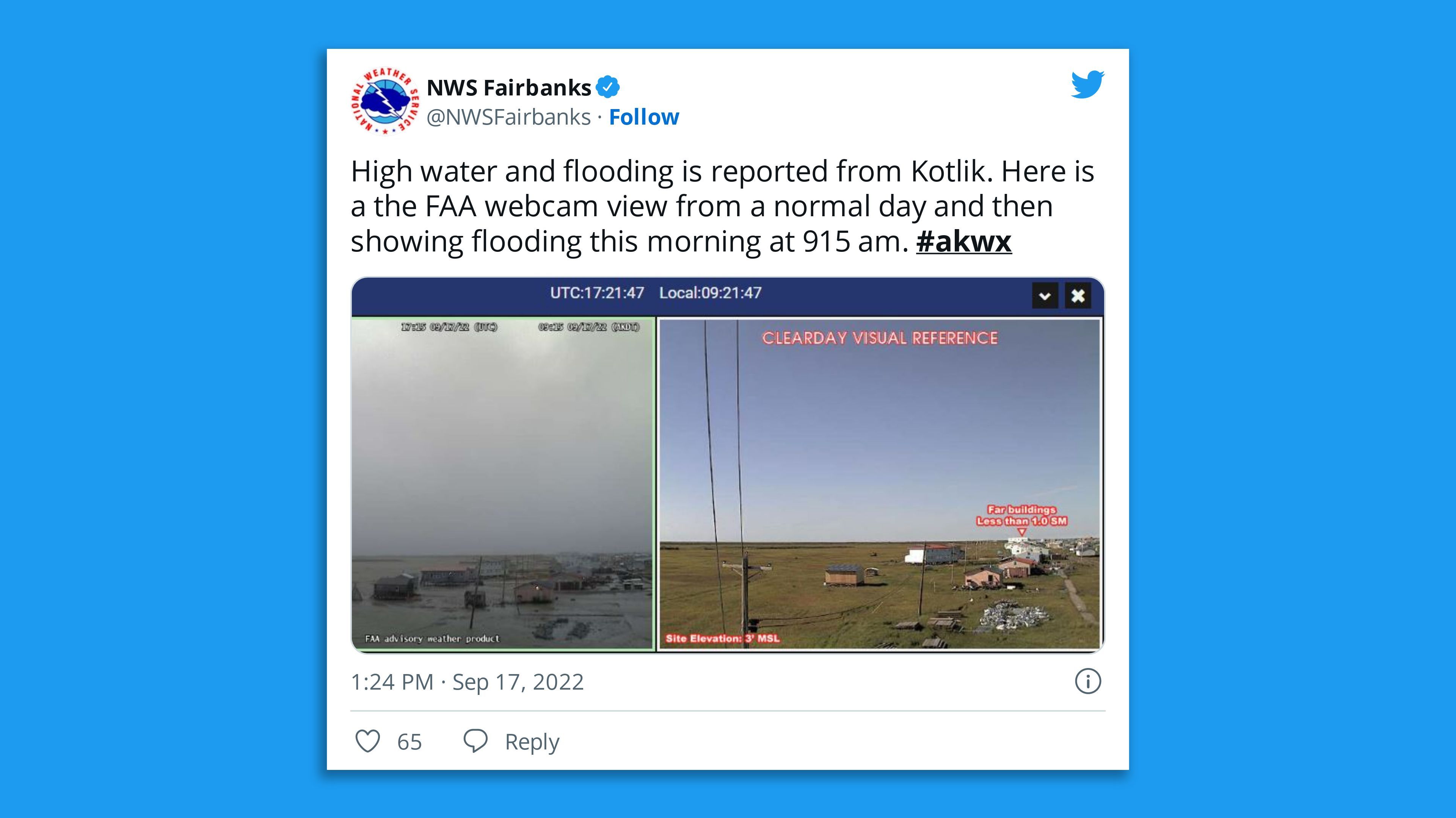 A tweet of an image of flooding in Kotlik, Alaska.