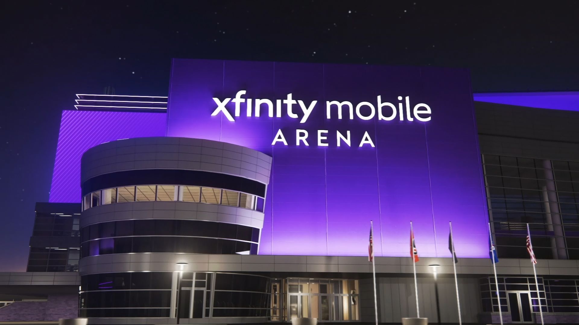 A rendering of Xfinity Mobile Arena in Philadelphia at night