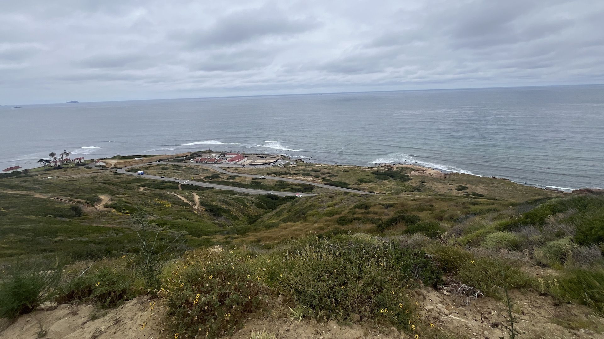 A view from the top of a coastal trail overlooking the ocean.