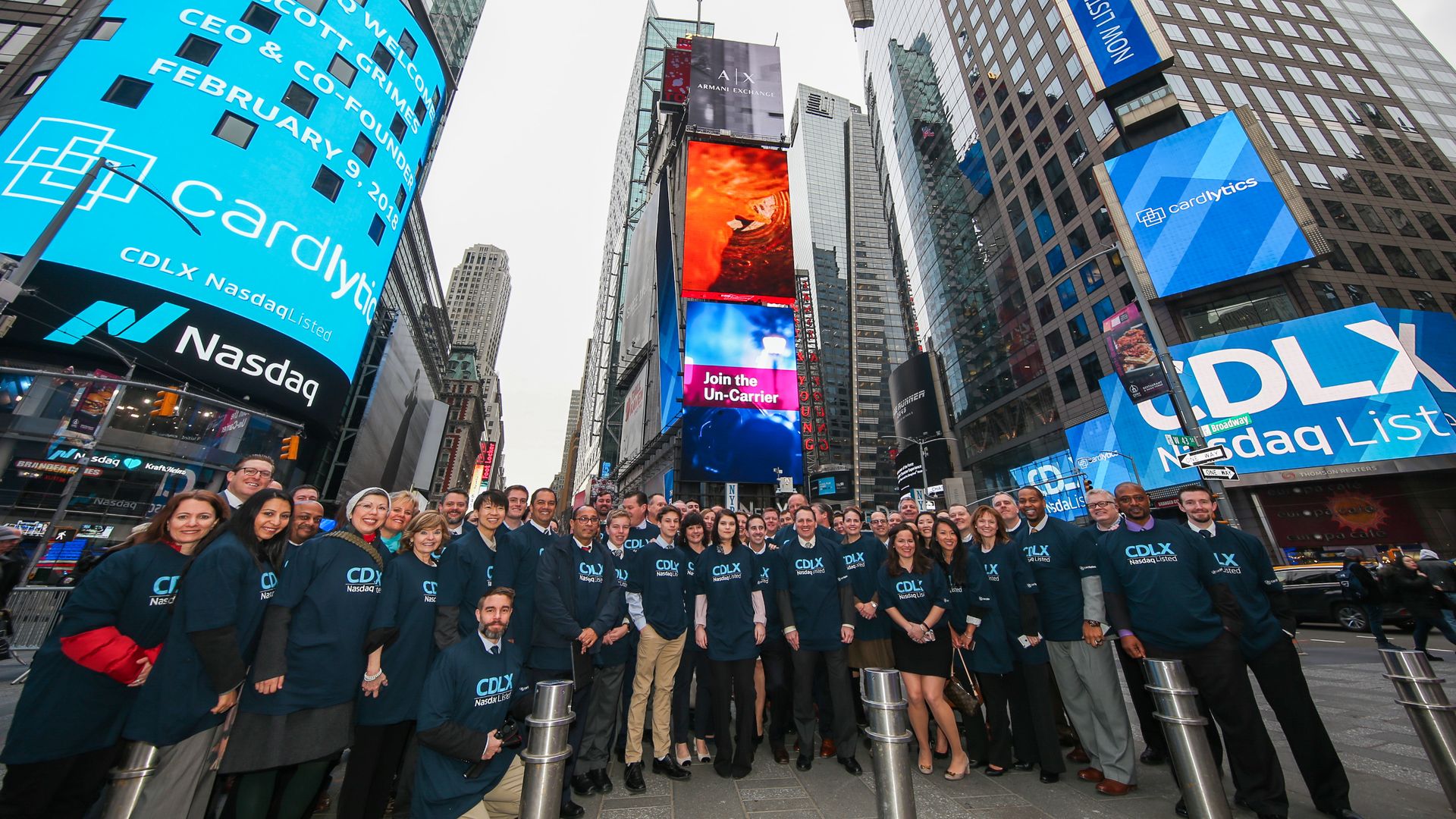 Cardlytics employees outside the NASDAQ Market Site in Times Square