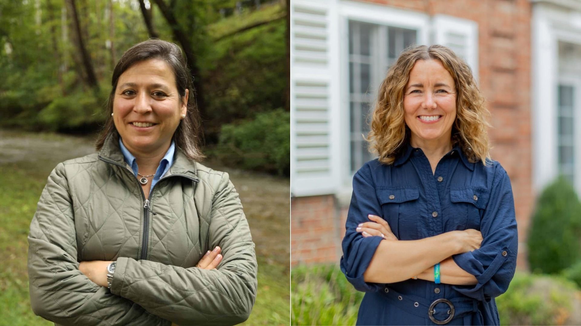 Two smiling women in a split photo: left, a woman in a khaki quilted jacket outdoors among trees; right, a woman in a navy shirt in front of a brick house with white-trimmed windows.