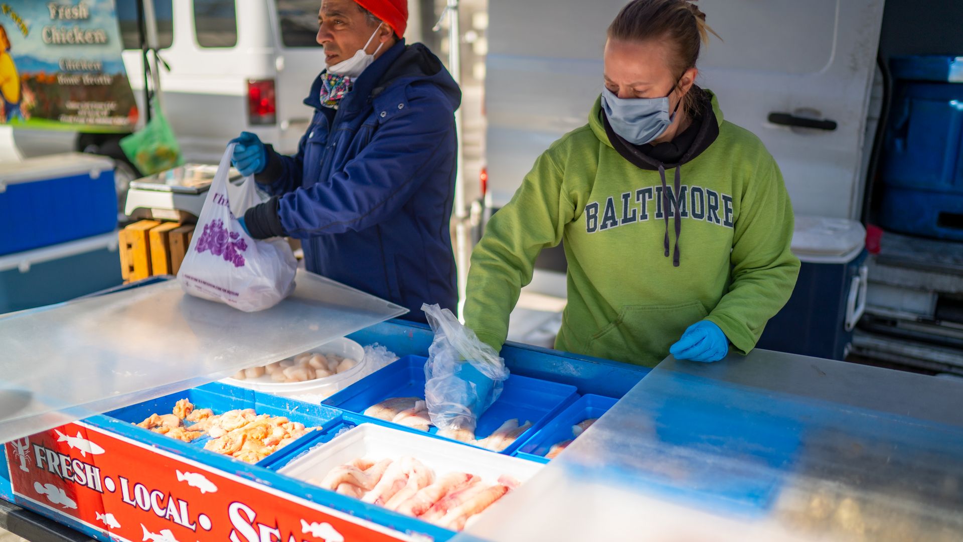 Fresh seafood available at the Union Square farmers market during the coronavirus pandemic