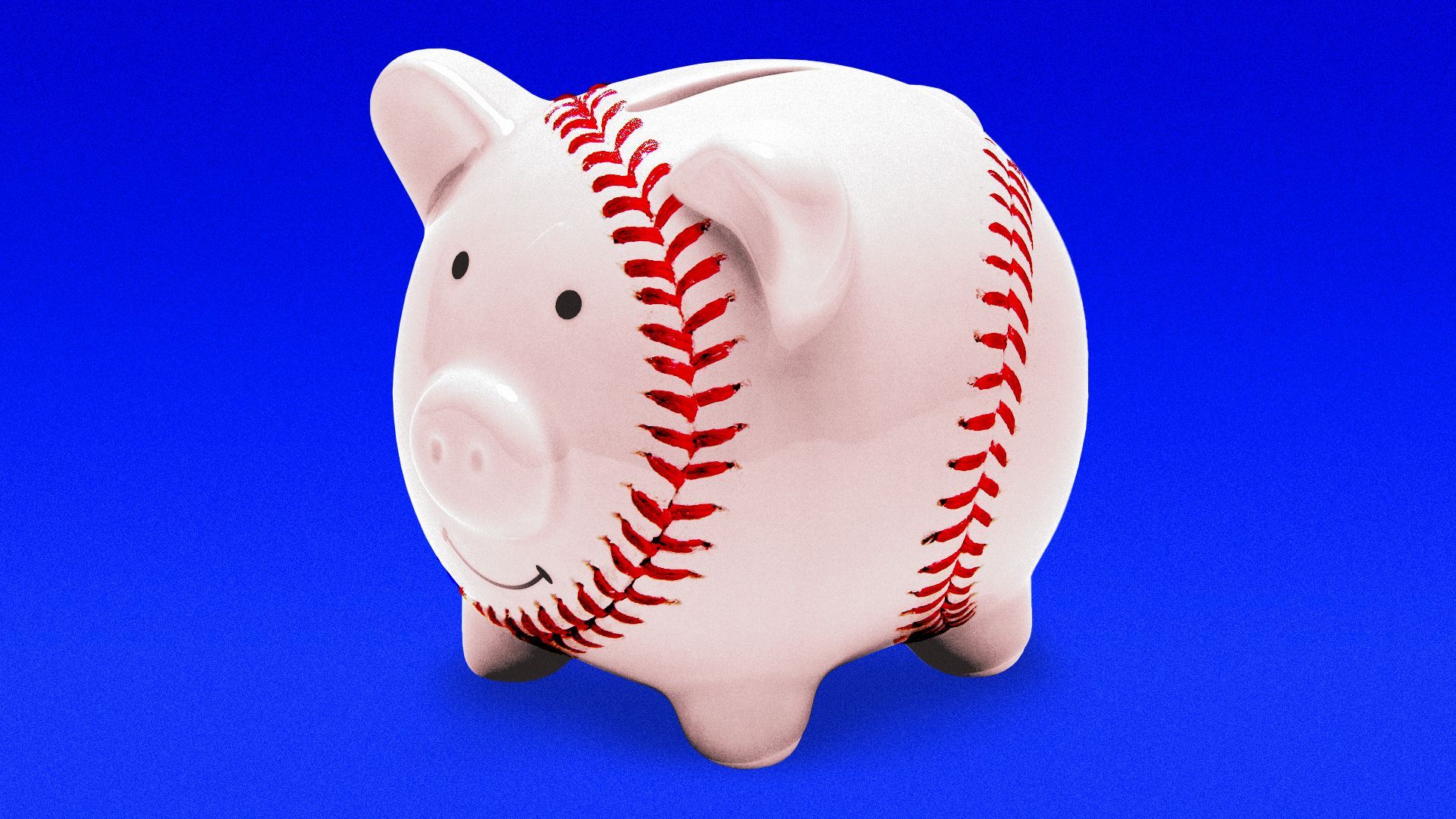 Illustration of a piggy bank whose round body resembles a baseball with red stitching