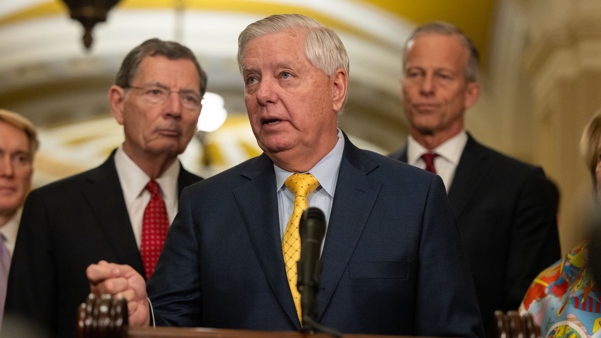 Senator Lindsey Graham (R-SC) speaks at a press conference with other members of Senate Republican leadership at the U.S. Capitol