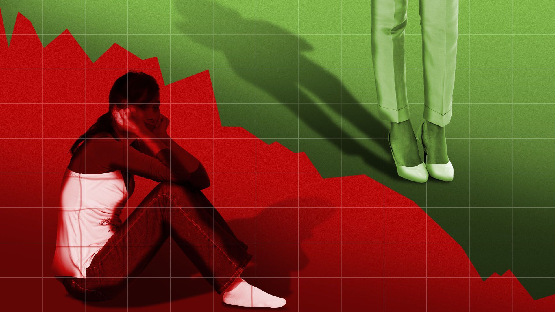 Illustration of a downward trending jobs chart, with one woman in red sitting on the ground, and a woman in green looking successful