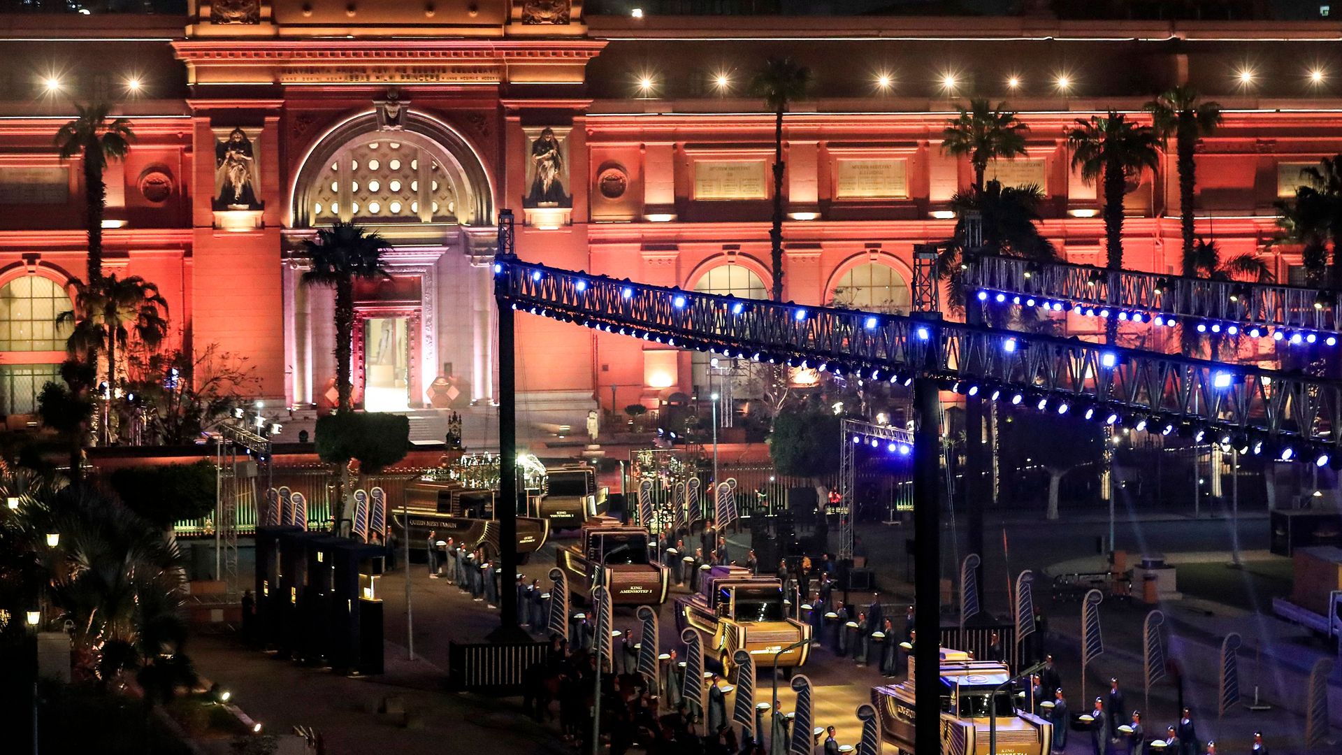 The carriages carrying 22 ancient Egyptian royal mummies depart from the Egyptian Museum in Cairo's Tahrir Square on April 3