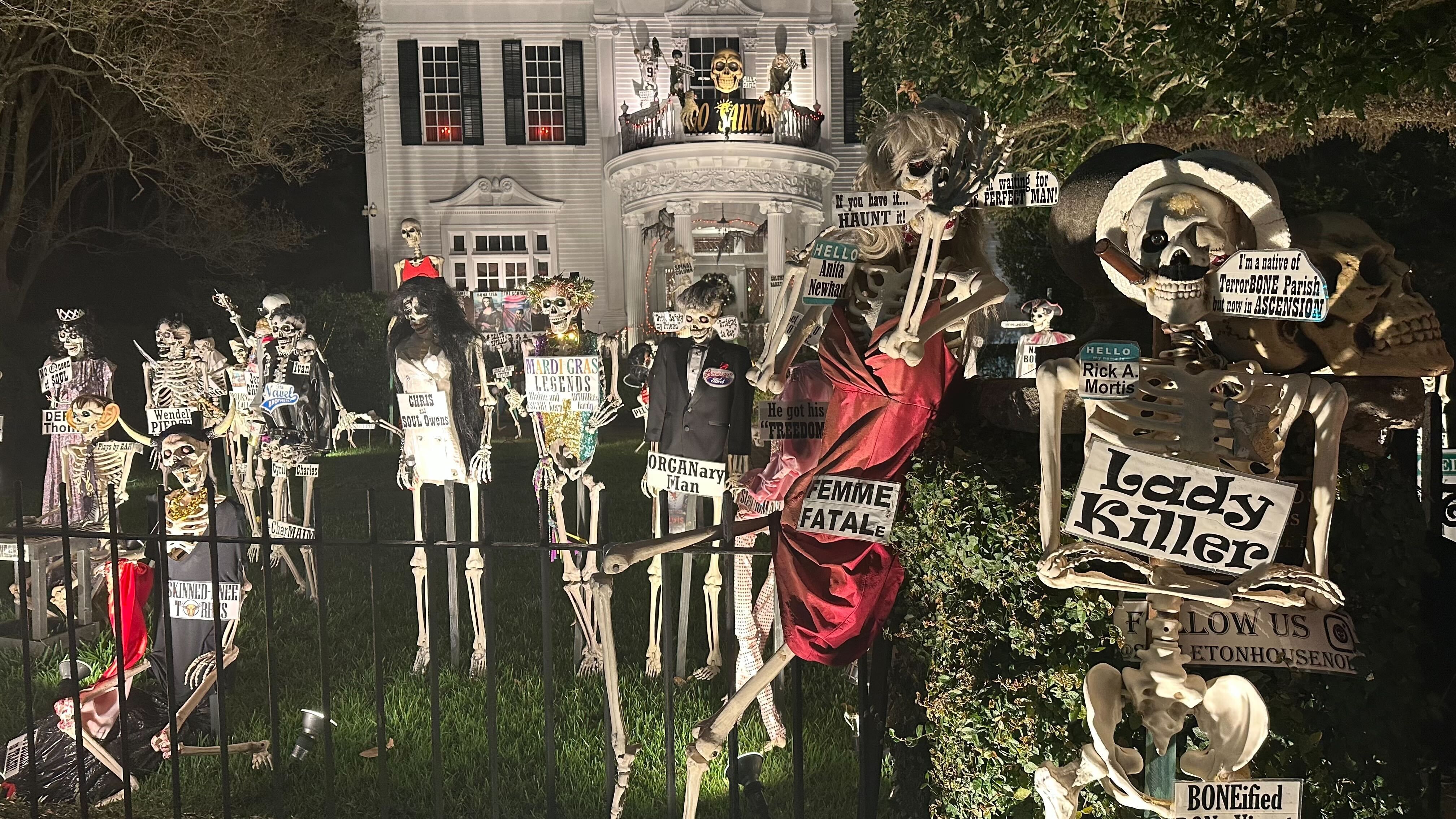 A two story white house is seen in the background, and the foreground is filled with skeleton's arranged like they're standing in the yard. Each has a sign attached to it with a pun, like "Lady Killer" or "Femme Fatale."