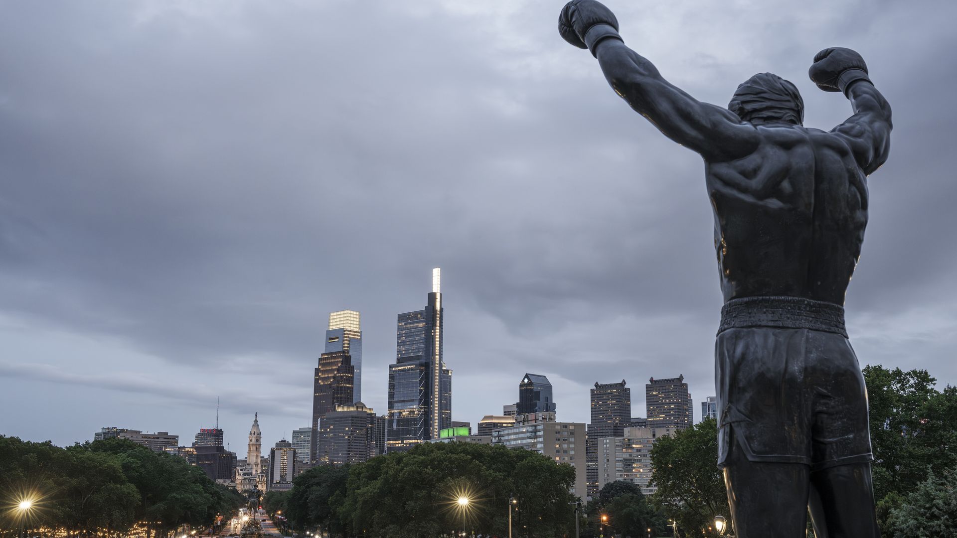 A general view shows the skyline of Philadelphia from the top of the Rocky Steps with the bronze Rocky Statue visible on foreground.