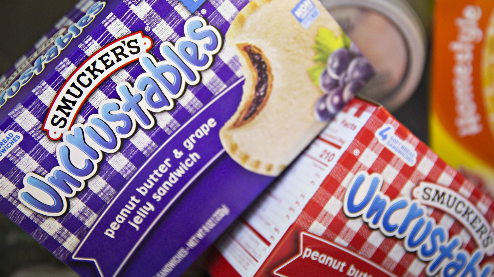Smucker's Uncrustables brand peanut butter and grape jelly sandwiches.