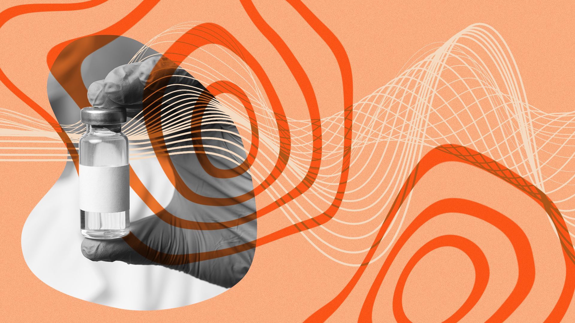 Illustration of a scientist holding up a vaccine vile surrounded by various abstract shapes