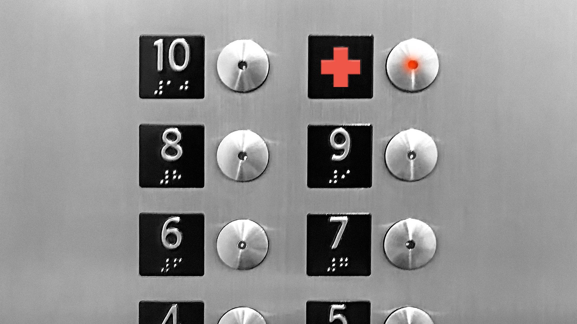 Illustration of elevator buttons, one of them with a lit up red cross instead of a number.