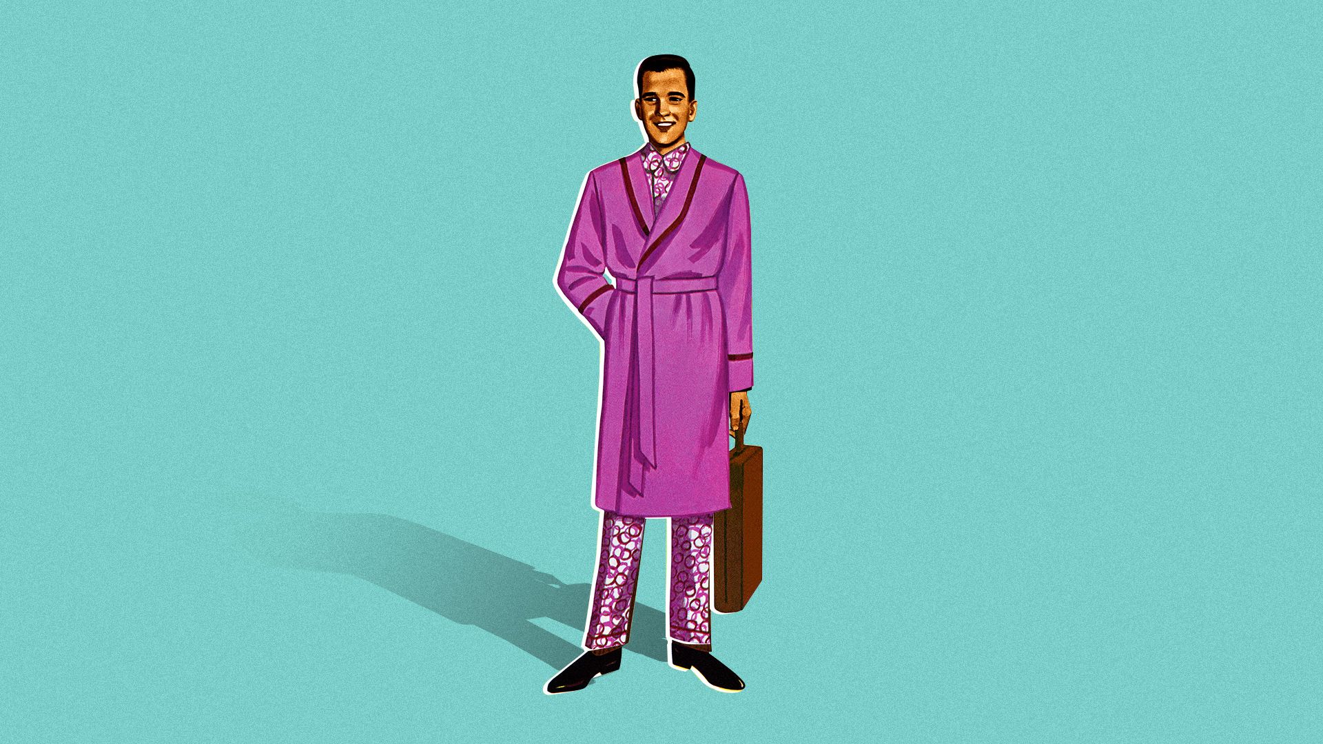 lustration of a man in a bathrobe with a briefcase done in 50s mid century modern illustration style.  