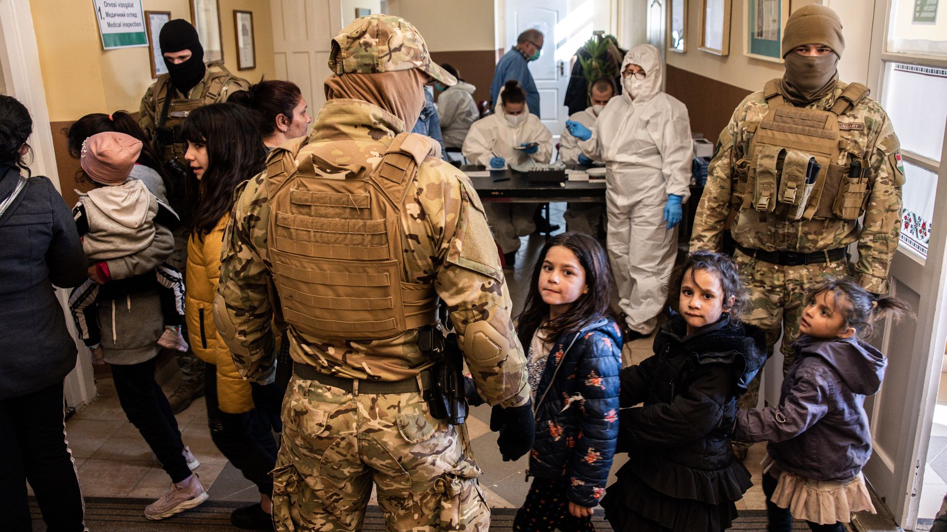 Displaced Ukrainian children arrive at a shelter in Tarpa, Hungary