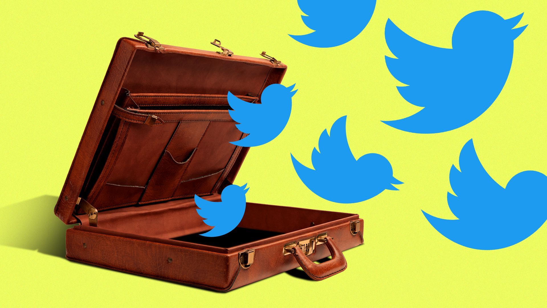 Illustration of an open briefcase releasing a flock of Twitter birds. 