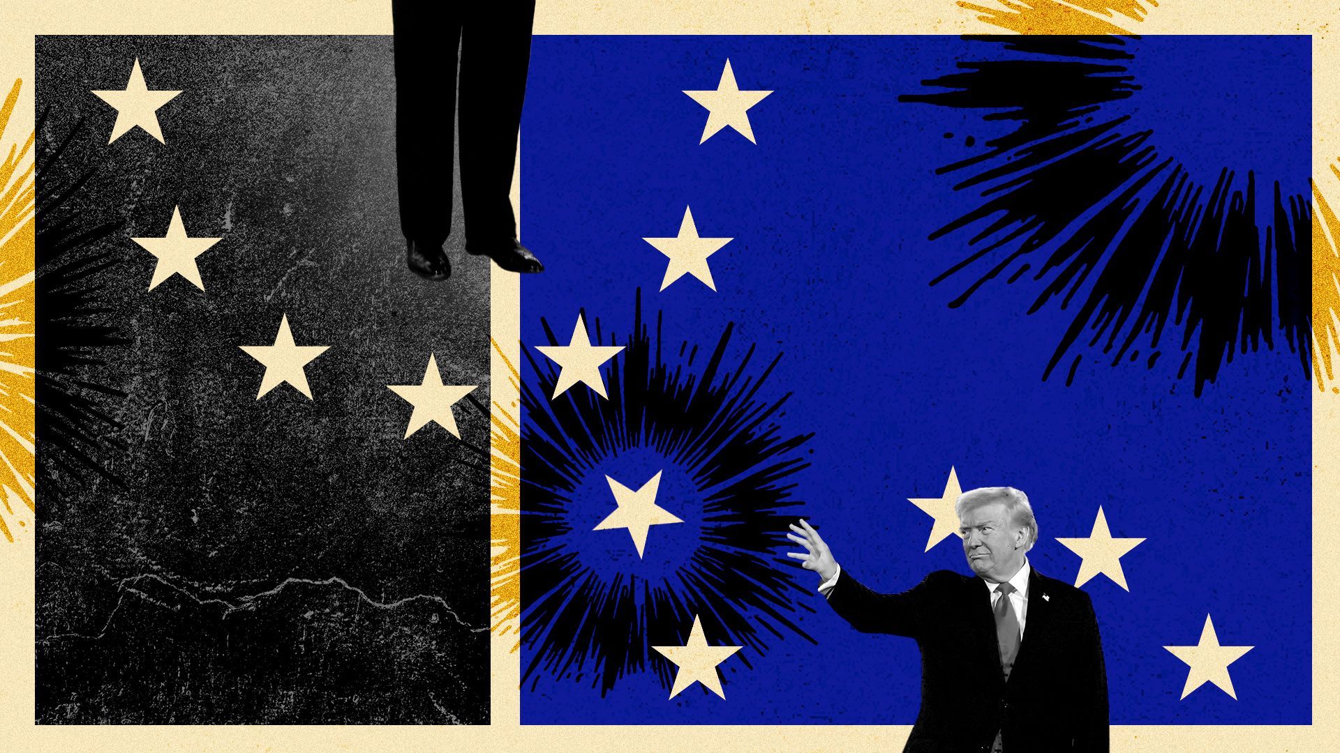 Photo illustration collage of Donald Trump throwing a star away from an abstract EU flag. 