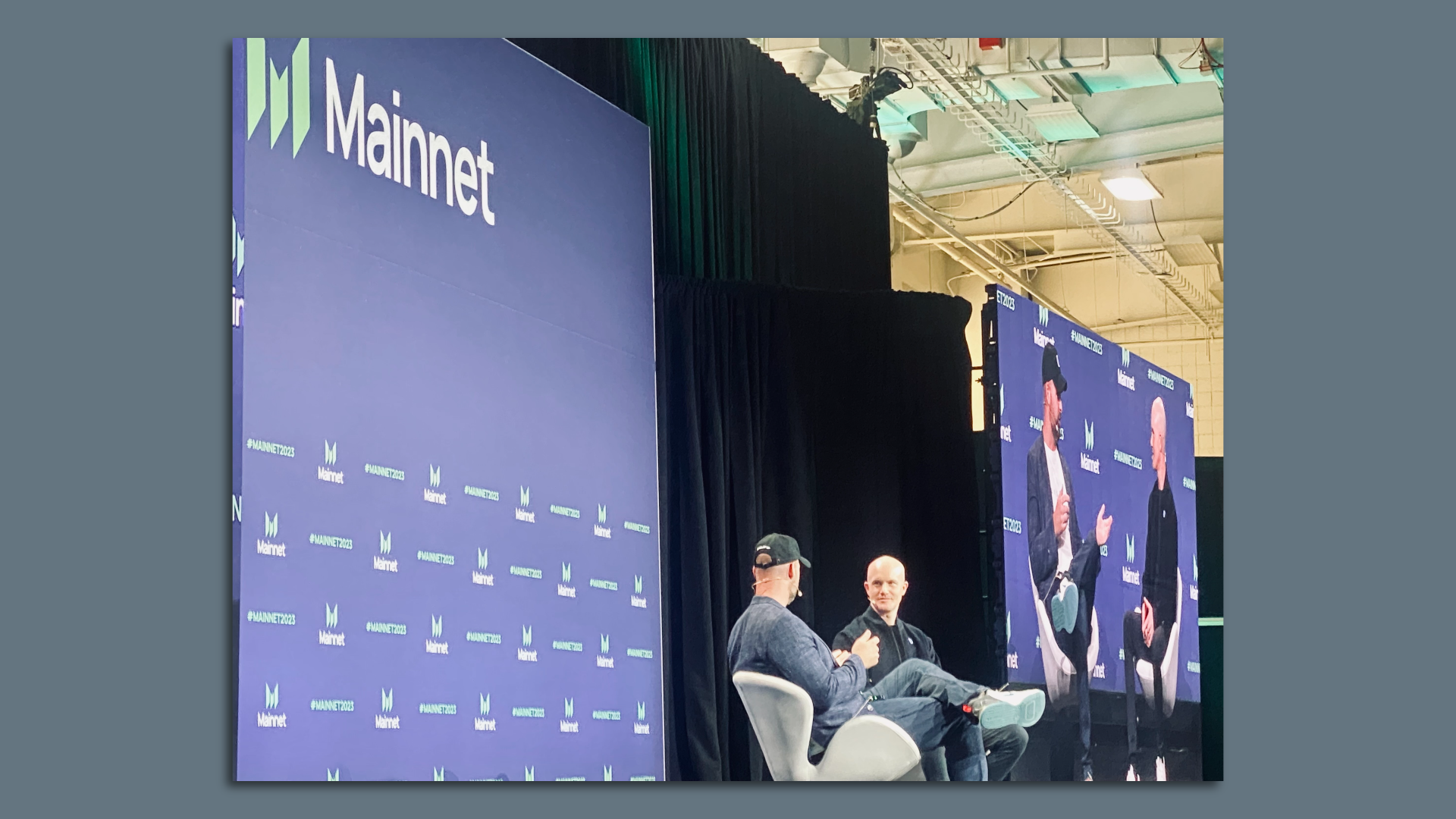 CEO Brian Armstrong being interviewed by Messari CEO Ryan Selkis at Mainnet in New York.