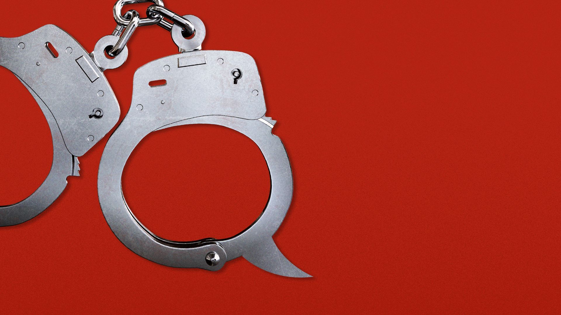 Illustration of a pair of metal handcuffs against a solid red background. The cuff on the right forms a shape resembling a speech bubble