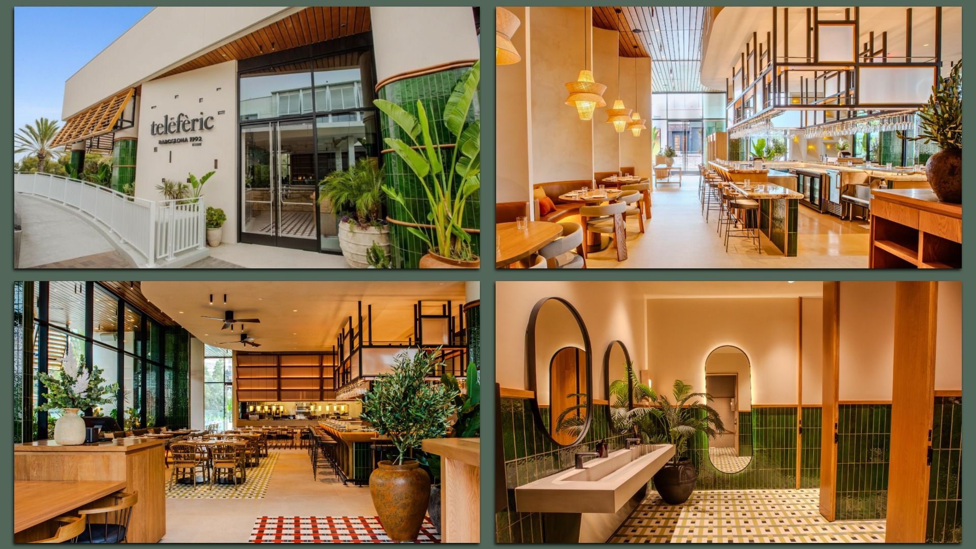 Four-panel collage of a modern restaurant: exterior with teleferic sign and plants; bright dining/bar space with pendant lamps; warm wood dining hall; green-tiled bathroom with round mirrors.