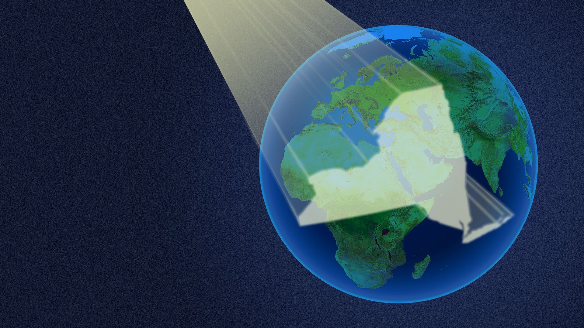 Illustration of the earth with a spotlight in the shape of New York state shining on it. 