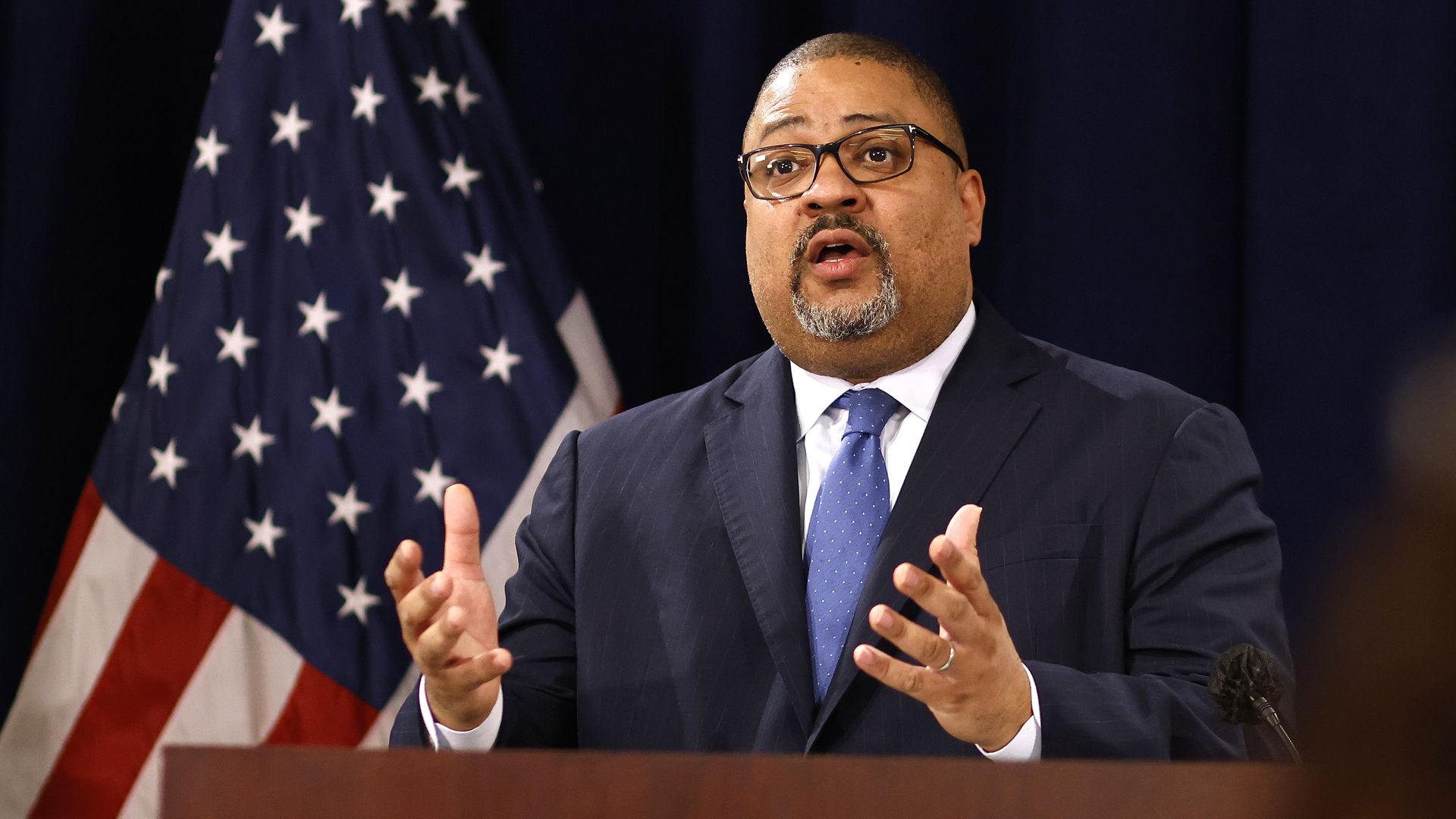 Manhattan District Attorney Alvin Bragg speaks during a press conference following the arraignment of former U.S. President Donald Trump April 4, 2023 in New York City. 