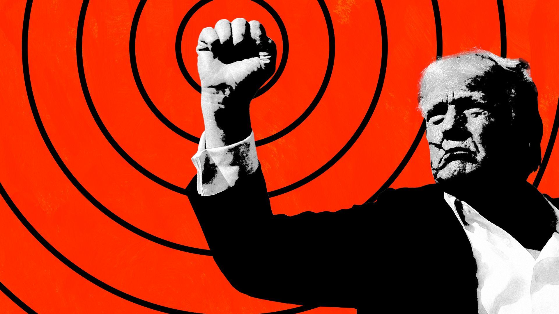 Photo illustration of former President Donald Trump with his fist raised and radiating circles coming from the center. 