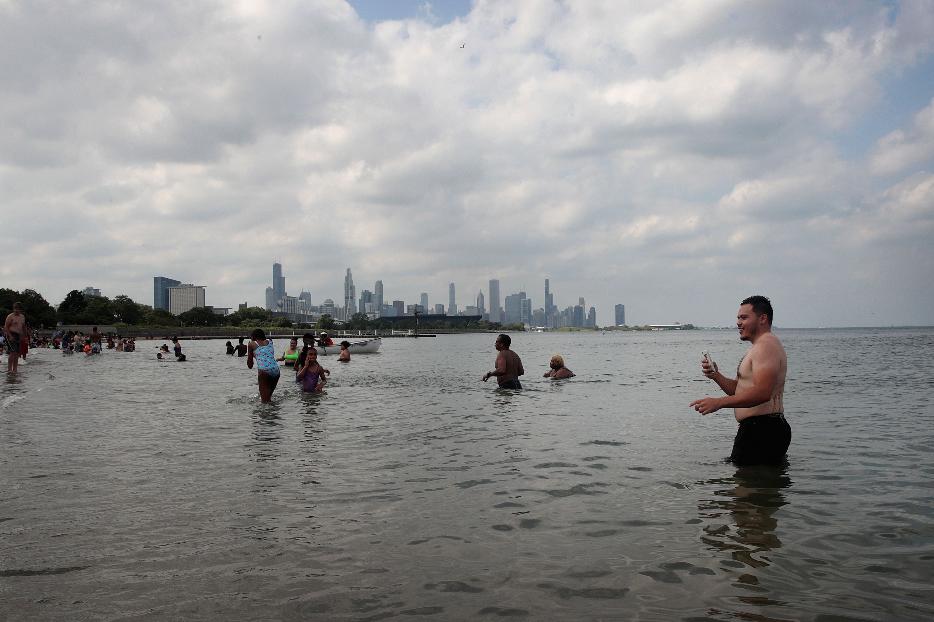Swimmers at 31st Street Beach in Chicago, Illinois. 