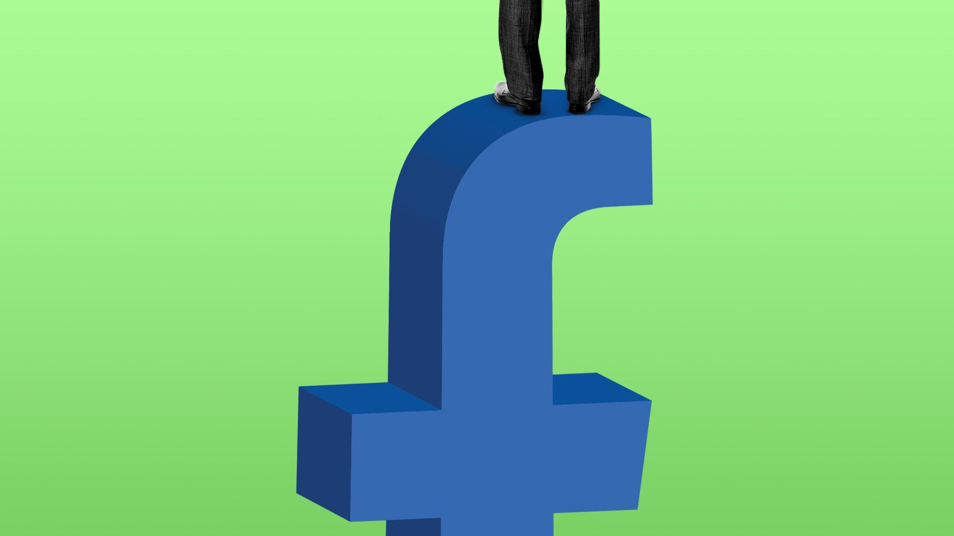 Illustration of Biden standing on top of the Facebook "f". 