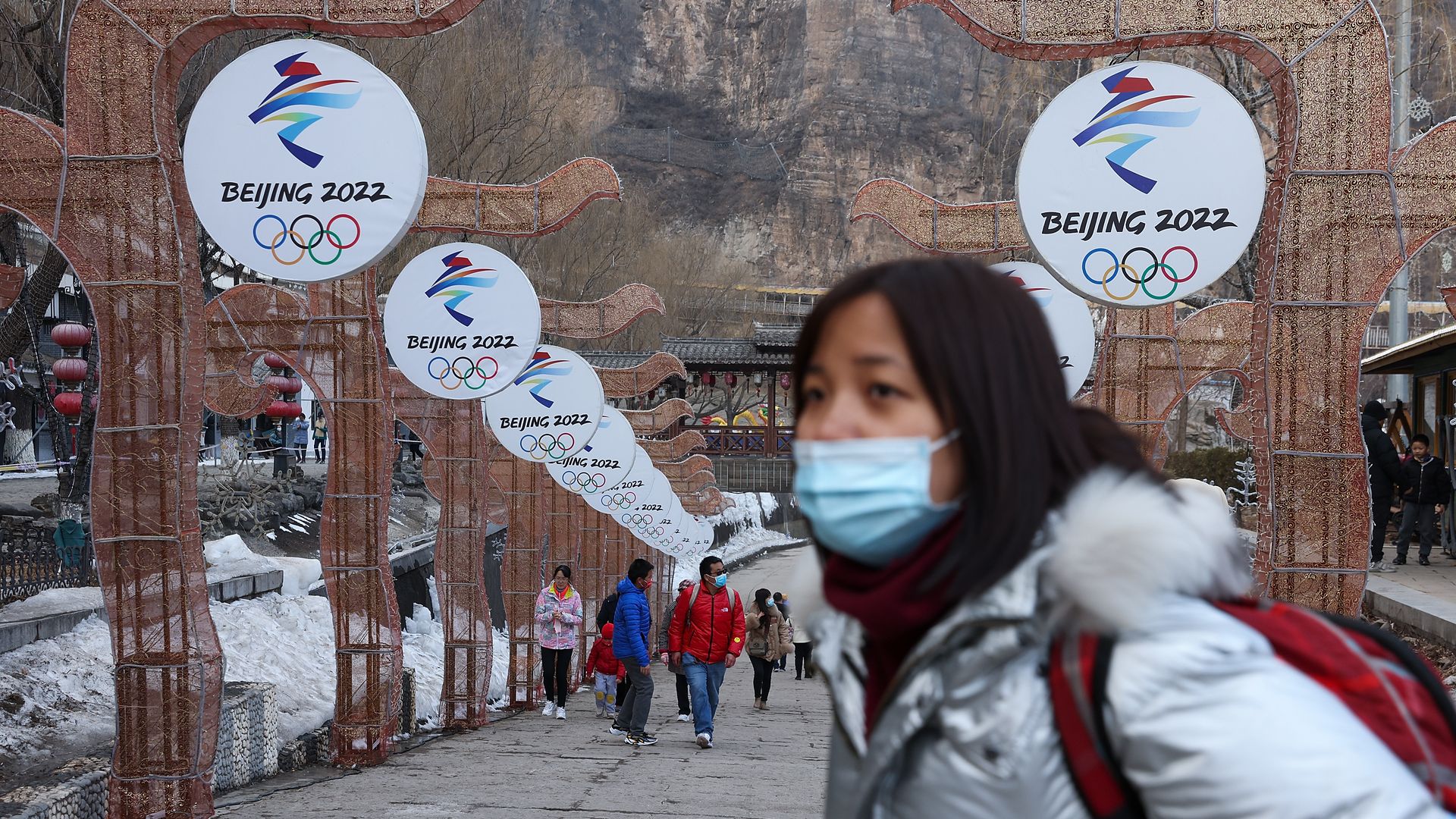 Logos for the 2022 Winter Olympics at Yanqing Ice Festival in February 2021 in Beijing.