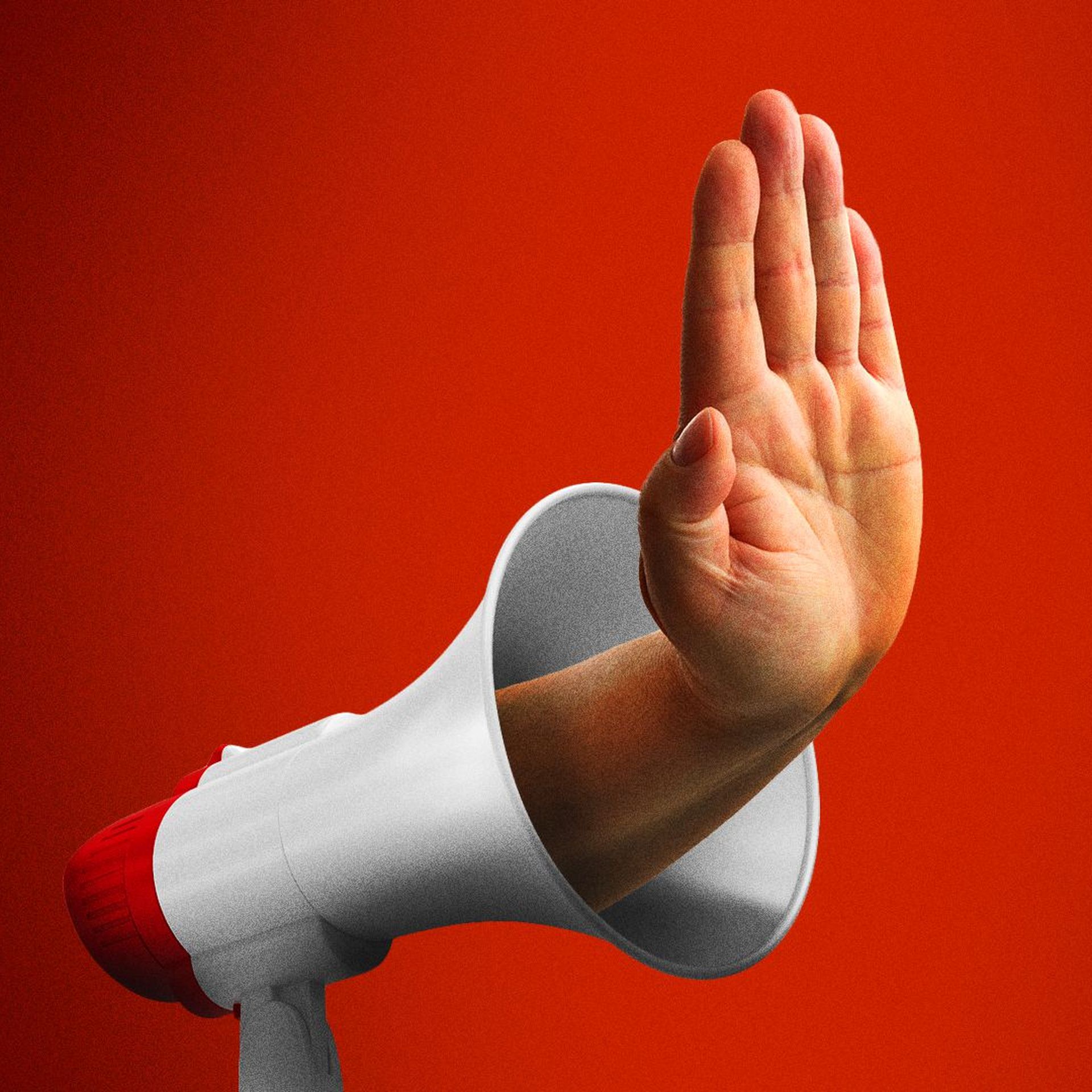 Illustration of a hand motioning "stop" coming out of a megaphone. 
